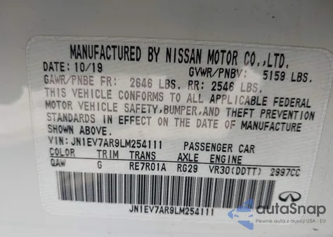 2020 Infiniti Q50 Luxe Awd from USA, damaged, VIN JN1EV7AR9LM254111